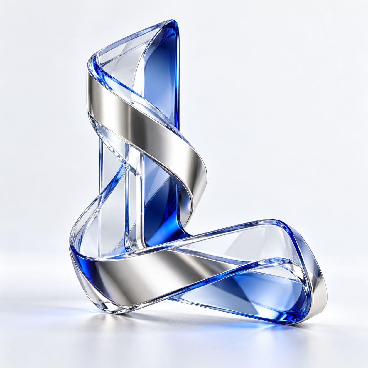 A sculptural L formed from silver and cobalt-edged glass ribbons